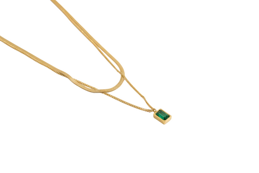 Emerald Layered Necklace | 18k Gold Plated Snake Chain, Minimalist Jewelry Stainless Steel