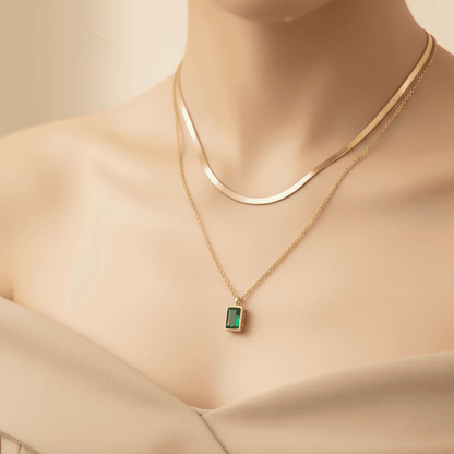 Emerald Layered Necklace | 18k Gold Plated Snake Chain, Minimalist Jewelry Stainless Steel
