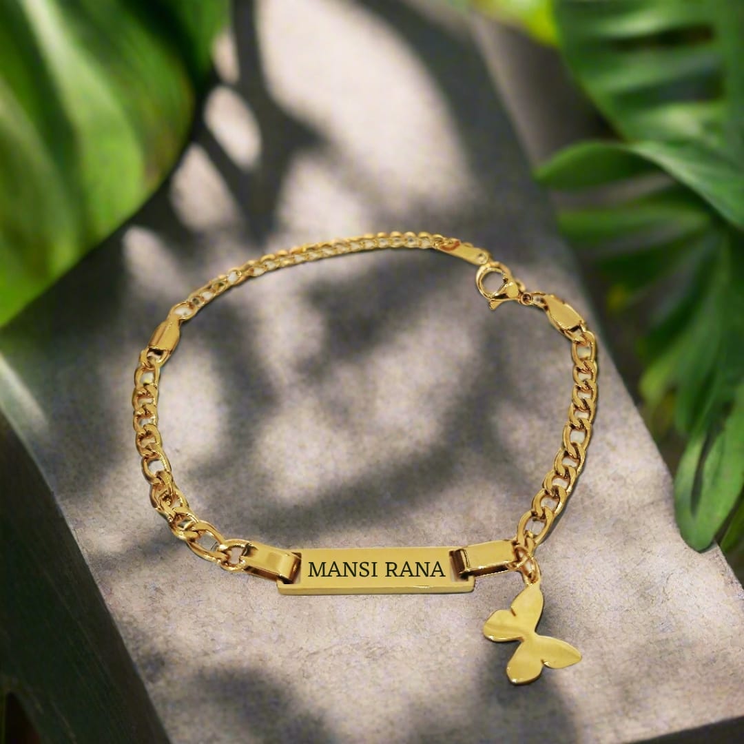 Lustre of Love gold chain butterfly bracelet with personalized nameplate and delicate charm