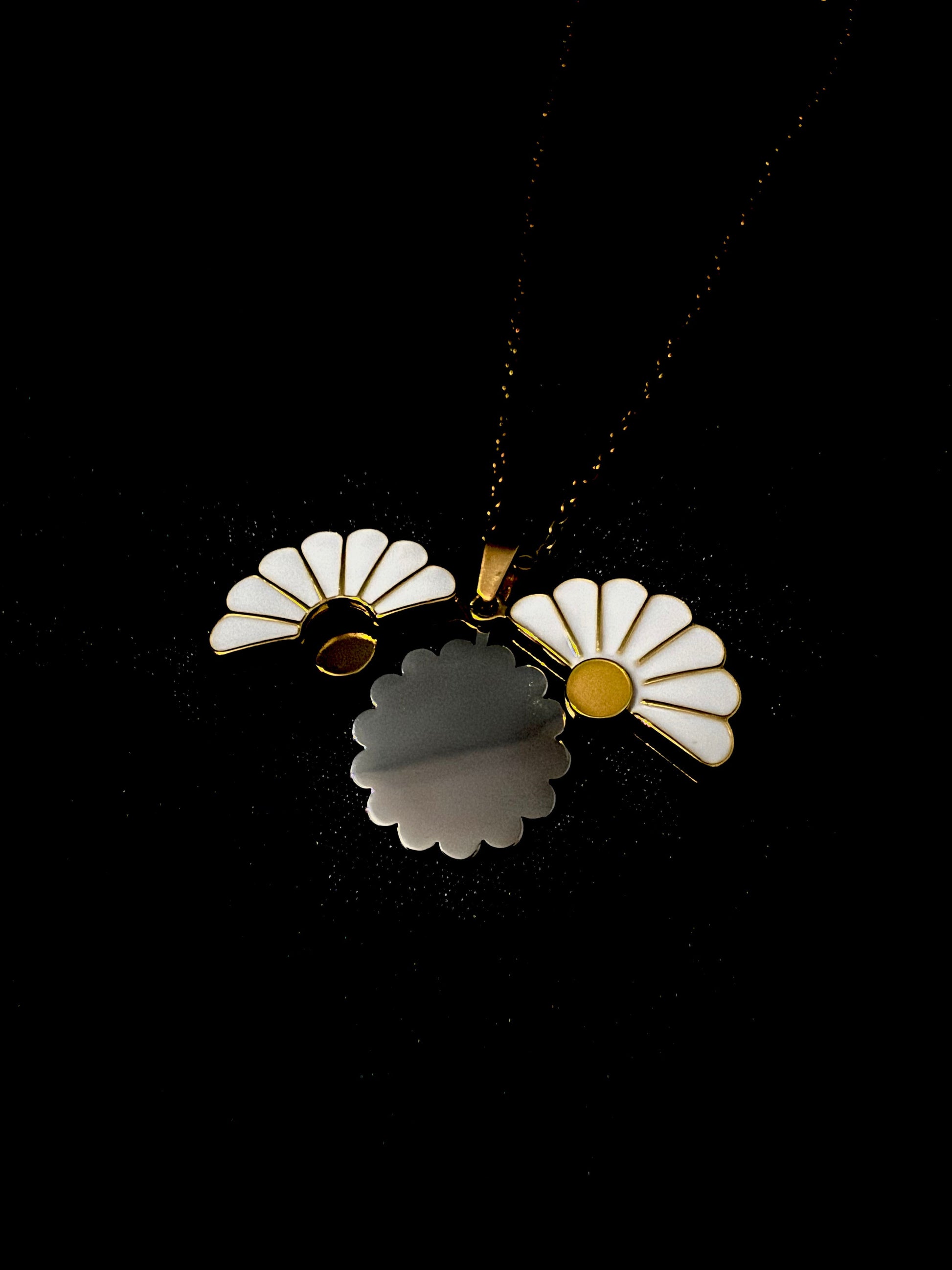 Custom daisy pendant with white petals and gold accents on a delicate gold chain by Lustre of Love