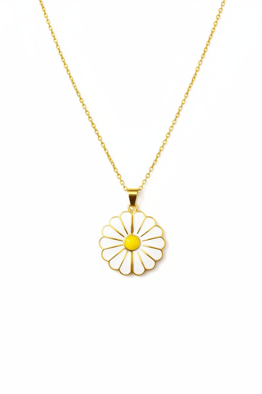Lustre of Love custom daisy pendant necklace with white petals and yellow center on gold chains