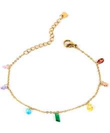 Gold-Plated Link Chain Bracelet With Multi-Colored Gemstone Charm