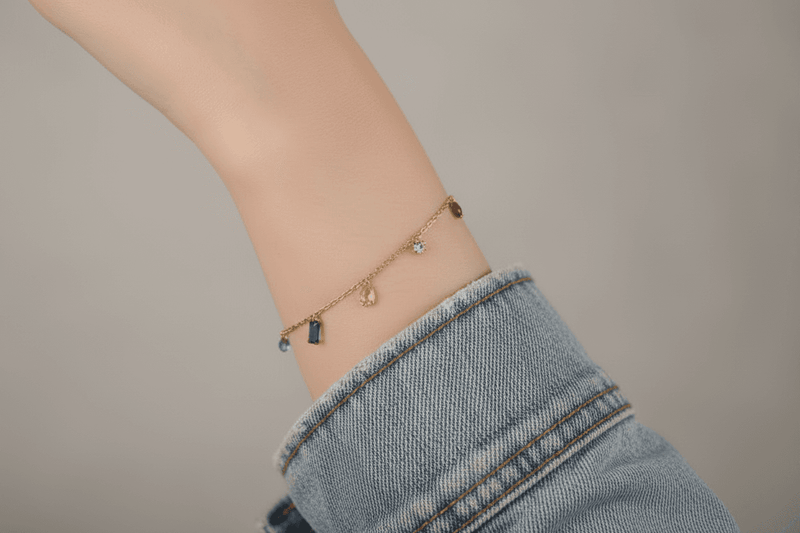 Gold-Plated Link Chain Bracelet With Multi-Colored Gemstone Charm