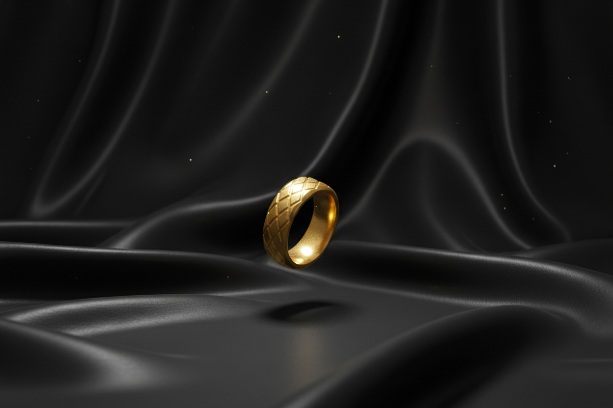 Gold stainless steel ring for men with a textured surface, placed on black satin fabric