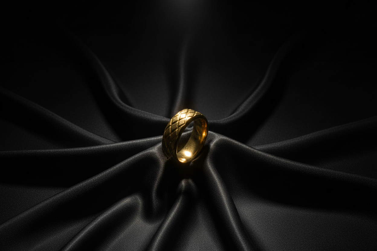 Stylish gold stainless steel ring for men with a textured design on a dark satin background