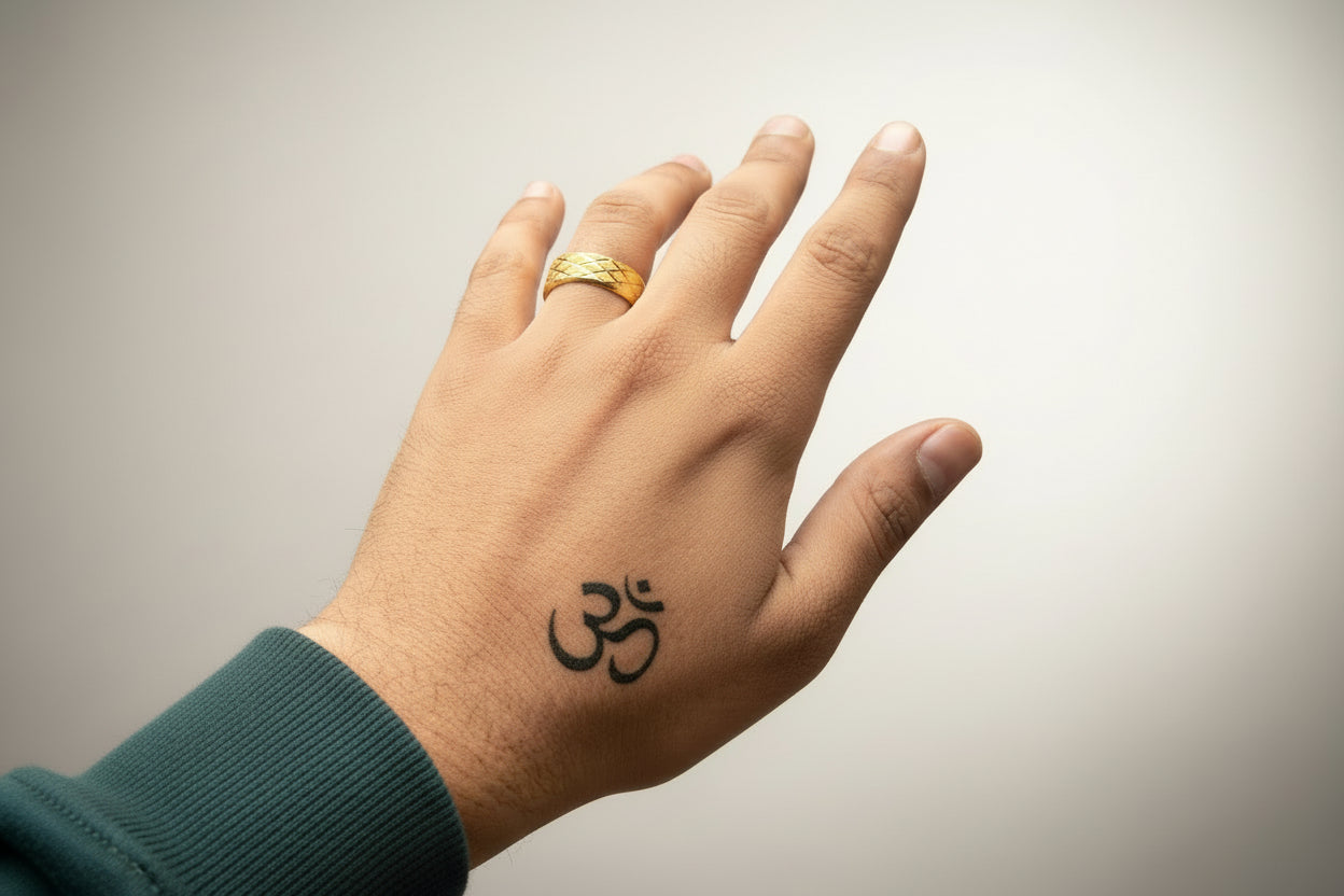 Gold stainless steel ring for men worn on hand with a unique tattoo design