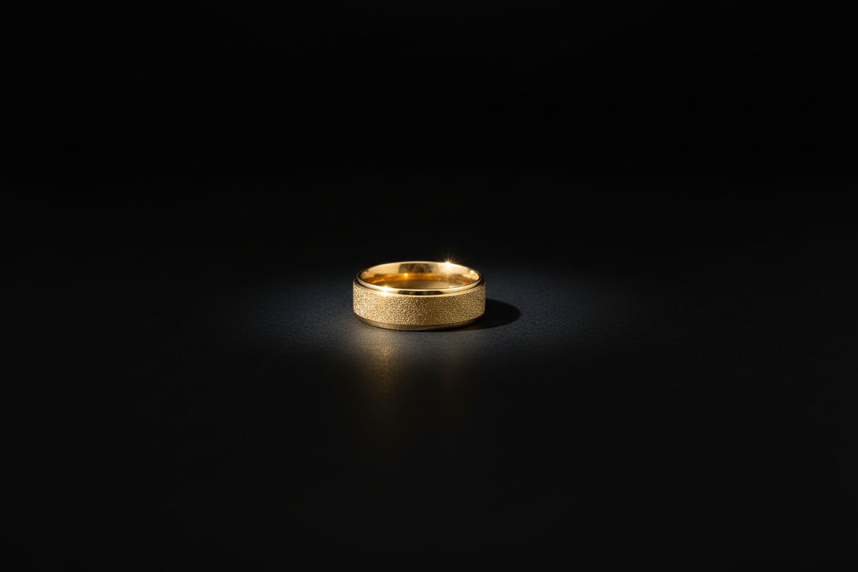 Gold stainless steel ring with a textured surface, perfect for stylish everyday wear