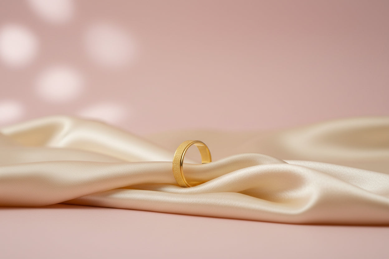 Lustre of Love gold stainless steel ring elegantly displayed on silky fabric