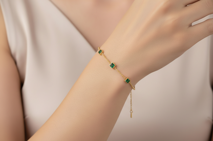 Elegant Square Green Zircon Bracelet Chain 18k Gold Plated Stainless Steel