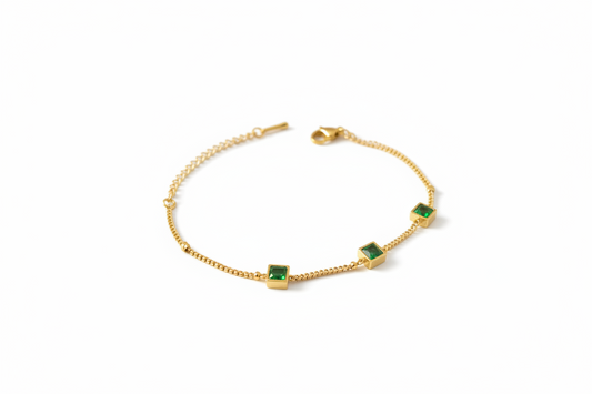 Elegant Square Green Zircon Bracelet Chain 18k Gold Plated Stainless Steel