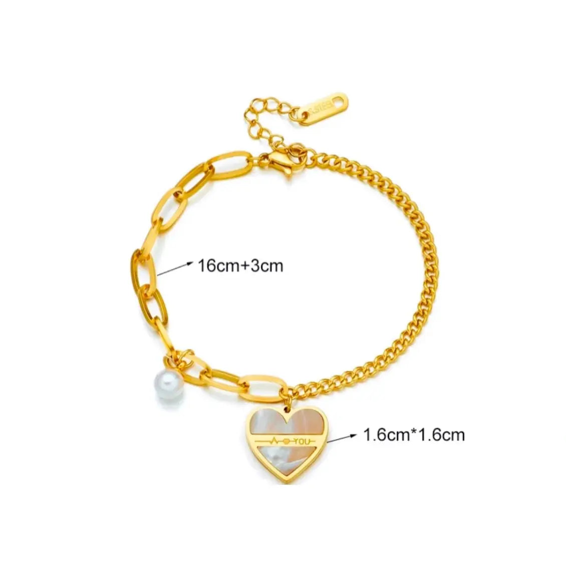 Lustre of Love gold heart charm bracelet with pearl accent and adjustable chain length