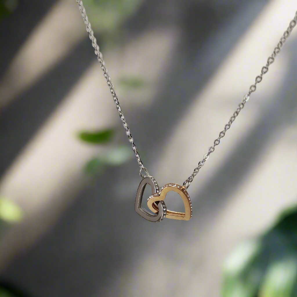 Delicate interlock hearts necklace with one silver and one gold heart pendant on a fine chain
