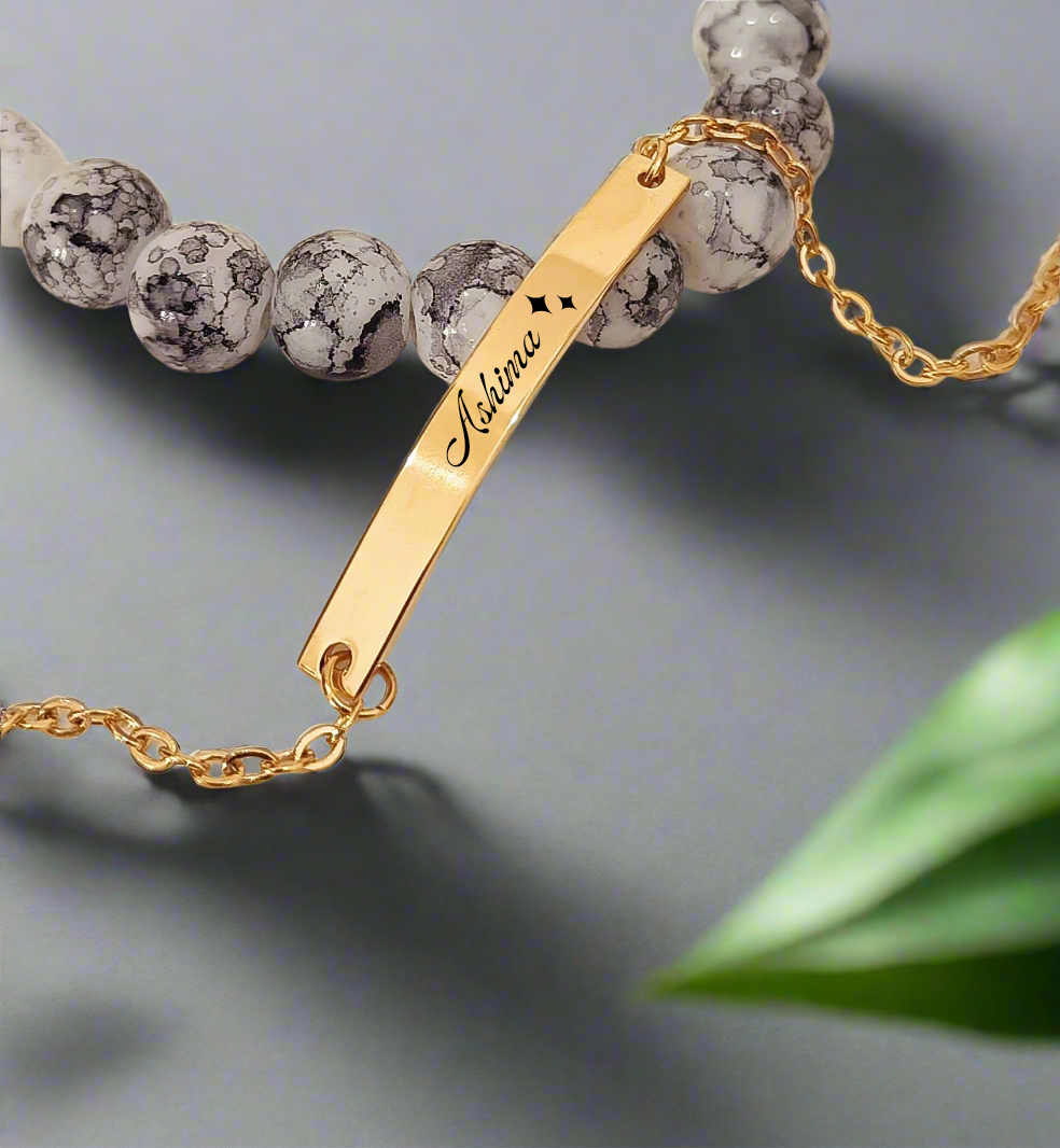 Lustre of Love personalized gold bar bracelet with engraved name and beaded accents