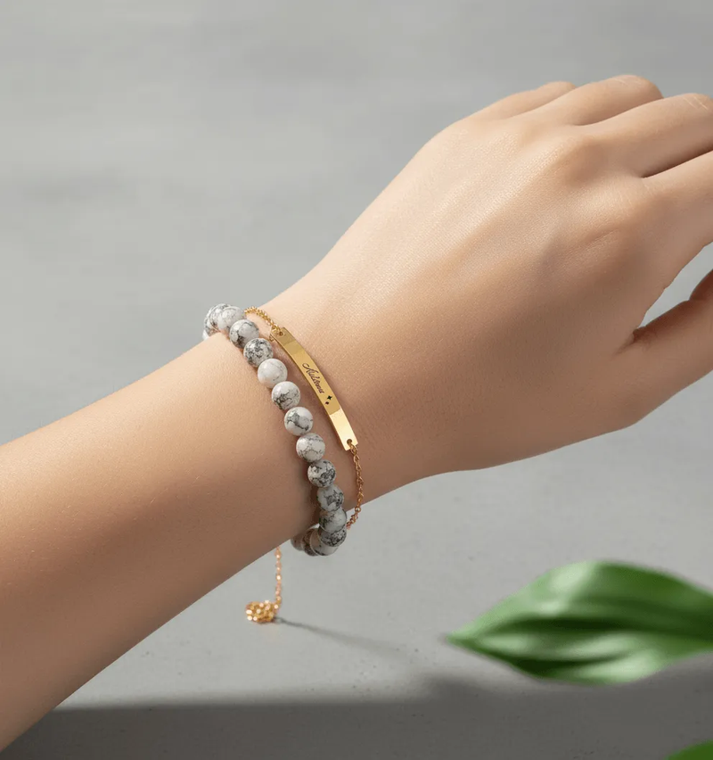 Lustre of Love personalized gold bar bracelet with engraved name and beaded accents