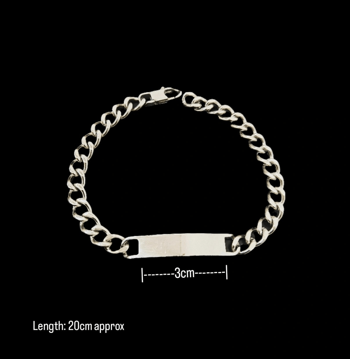 Lustre of Love silver bar bracelet with 3cm plate and 20cm chain length on black background