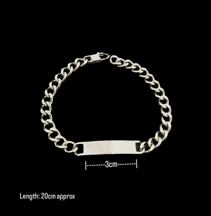 Lustre of Love silver bar bracelet with 3cm plate and 20cm chain length on black background