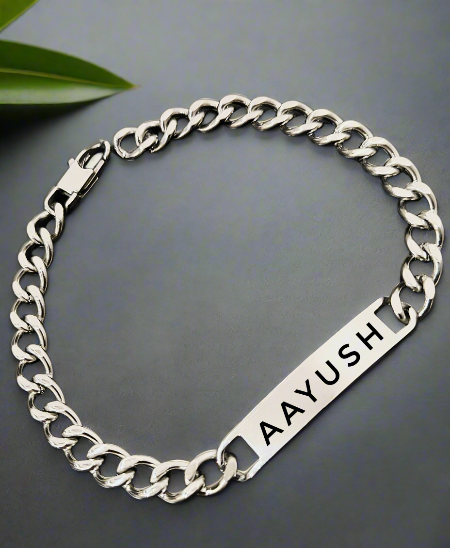 Lustre of Love silver bar bracelet with chain link design and custom name engraving AAYUSH