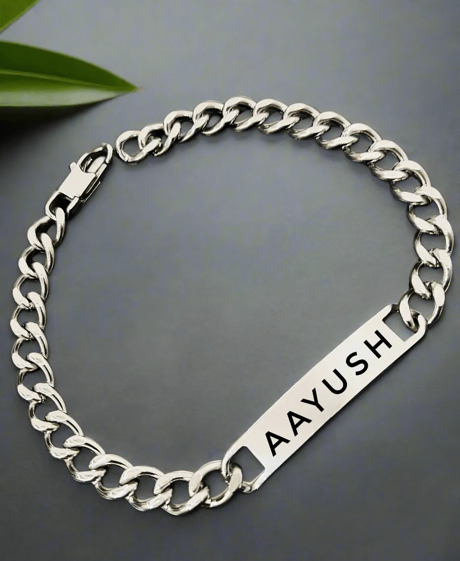 Lustre of Love silver bar bracelet featuring a personalized engraved nameplate for a unique style