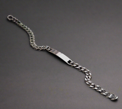 Lustre of Love elegant silver bar bracelet with polished chain links on a gray background