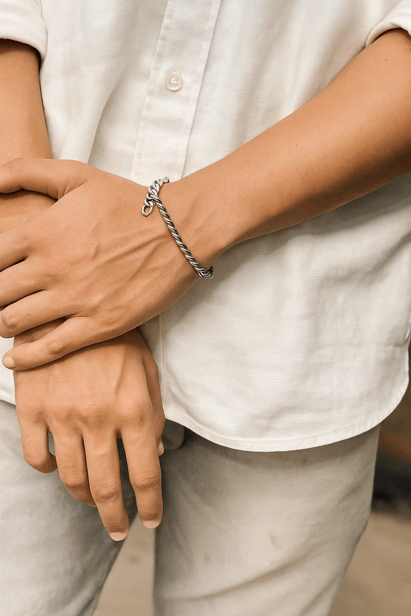 Stylish Lustre of Love silver bar bracelet worn on a wrist, showcasing a modern design