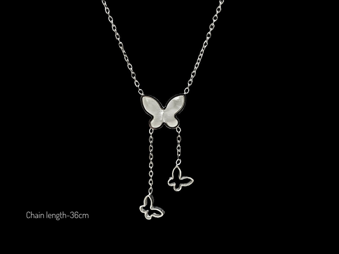 Lustre of Love silver butterfly pendant necklace with two dangling butterfly charms and 36cm chain
