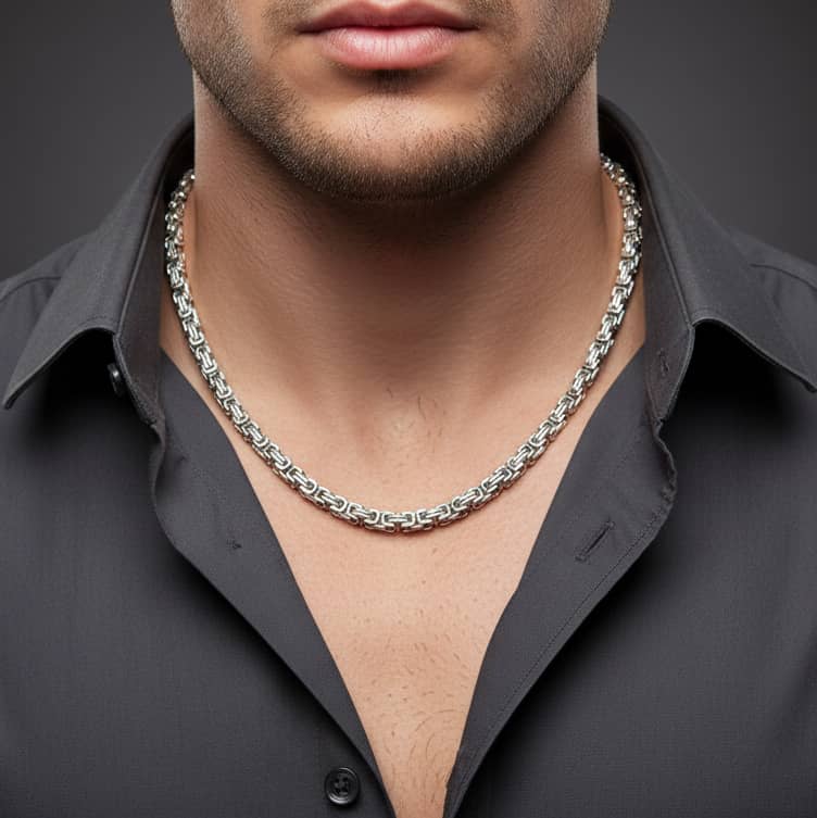 Stylish Silver Byzantine Chain Necklace for Men, enhancing any outfit with elegance