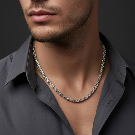 Men's Silver Byzantine Chain Necklace from Lustre of Love, showcasing an elegant design