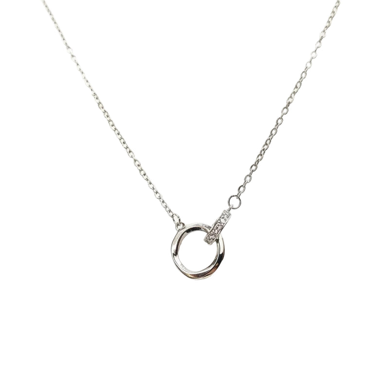 Lustre of Love silver chain necklace with a shiny interlocked ring pendant featuring a small diamond accent