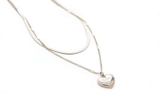 Silver Layered Necklace Heart LOVE Dangle Stainless Steel