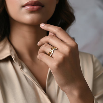 Lustre of Love stainless steel adjustable size ring worn by a model with elegant styling