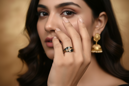 Elegant Lustre of Love ring in gold and silver featuring stainless steel adjustable size for a perfect fit