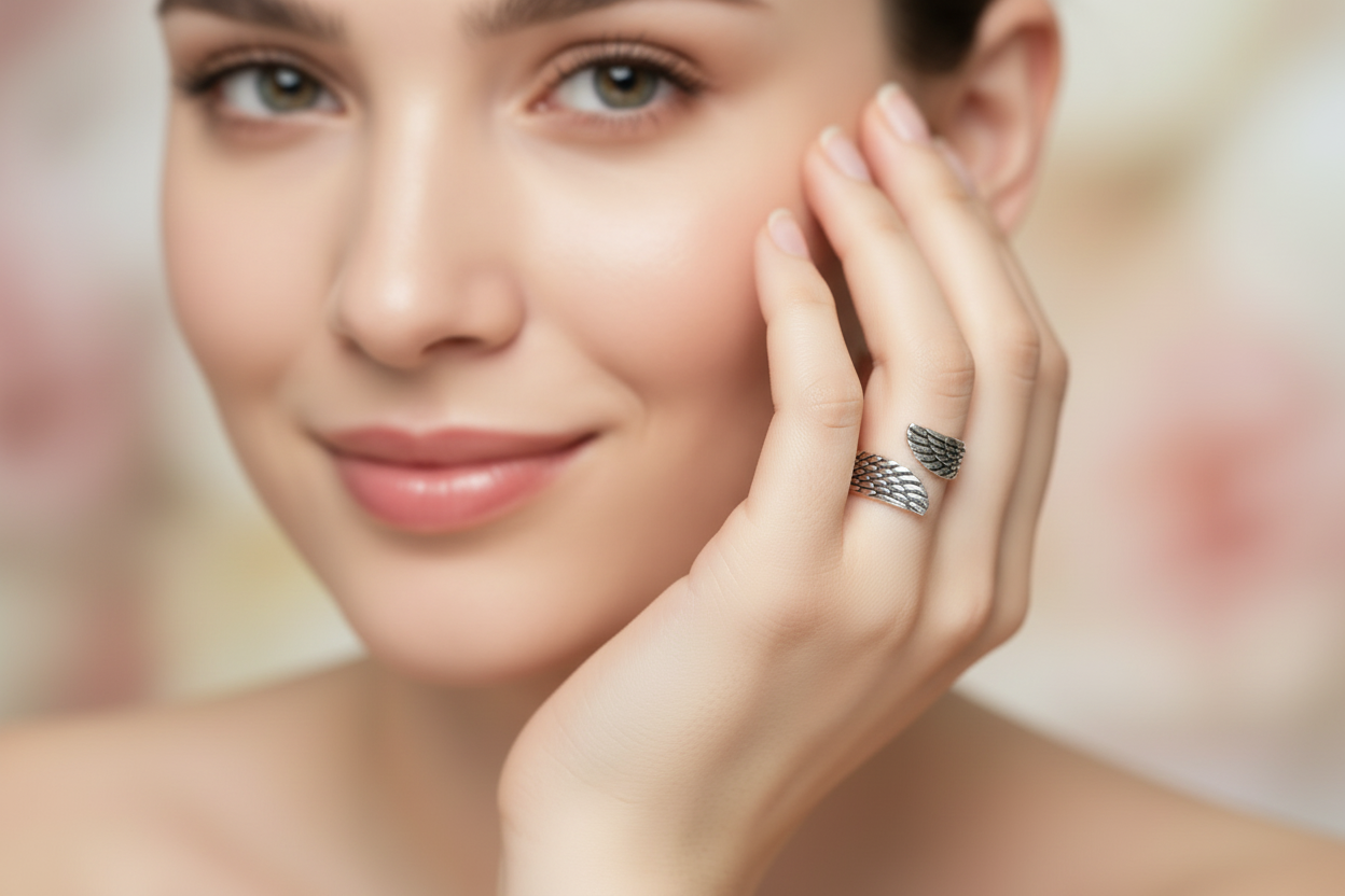 Lustre of Love stainless steel adjustable size ring worn by a model showcasing its elegant design