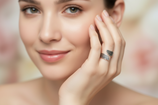 Lustre of Love stainless steel adjustable size ring worn by a model showcasing its elegant design