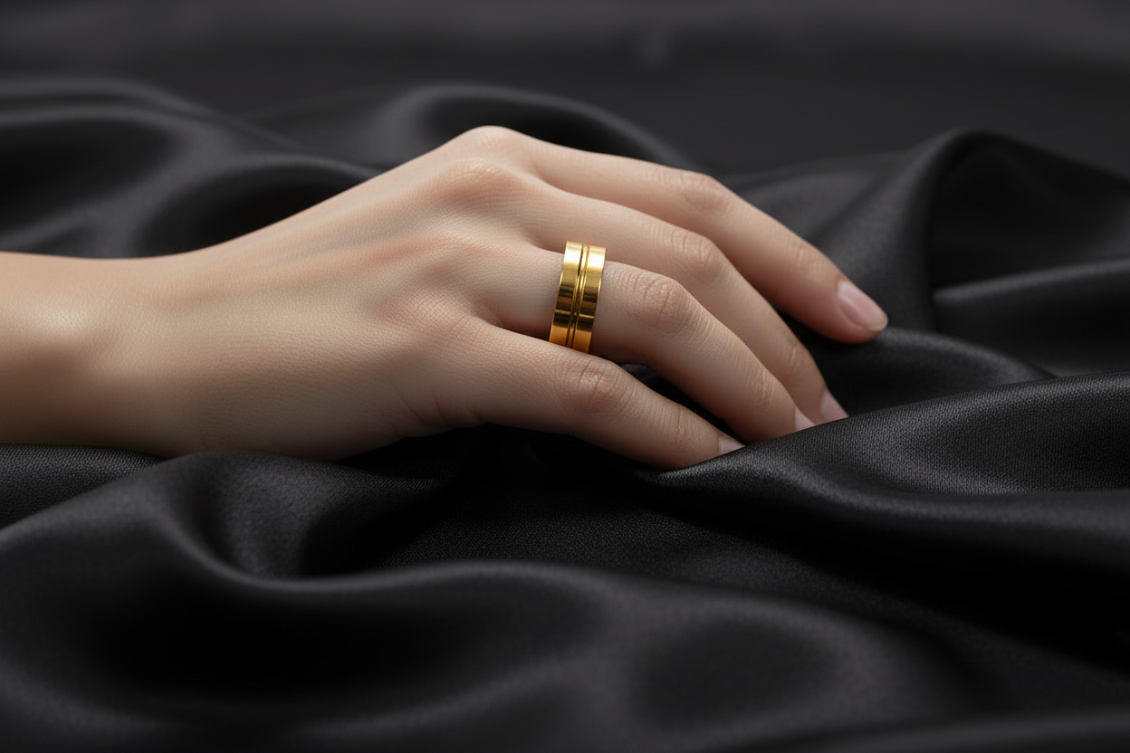Stainless steel gold ring for men displayed on a hand resting on smooth black fabric