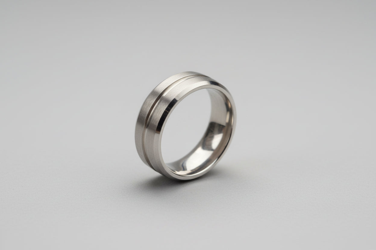 Lustre of Love stainless steel silver ring for men with a sleek, modern design and subtle grooves