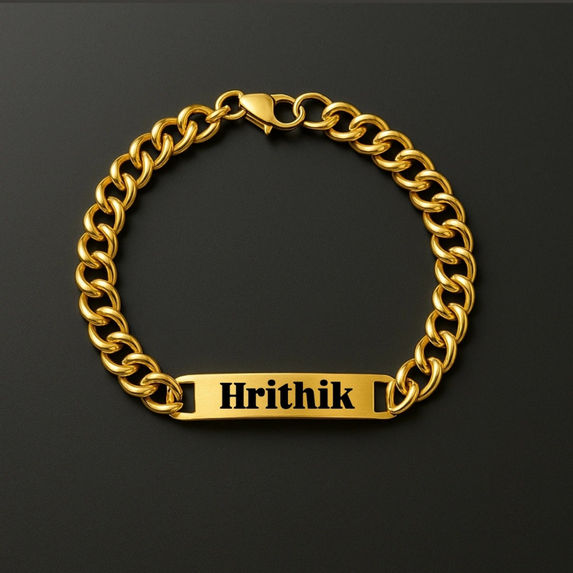 Gold bar bracelet with custom name engraving on a thick chain by Lustre of Love