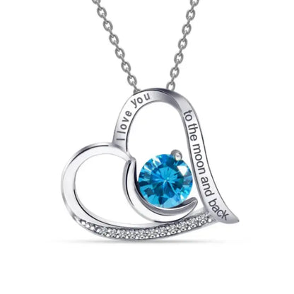 Lustre of Love moon and heart pendant with blue gemstone and engraved love you to the moon and back