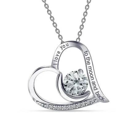 Lustre of Love silver moon and heart pendant with diamond center and I love you to the moon and back engraving