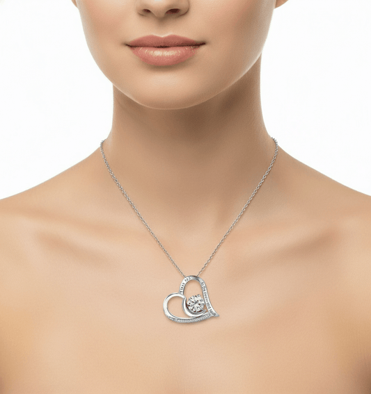 Lustre of Love silver moon and heart pendant with diamond center and I love you to the moon and back engraving