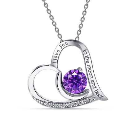 Lustre of Love moon and heart pendant silver necklace with purple gemstone and engraved love message