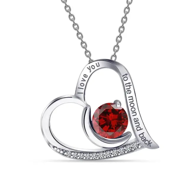 Silver moon and heart pendant with red gemstone and engraved I love you to the moon and back