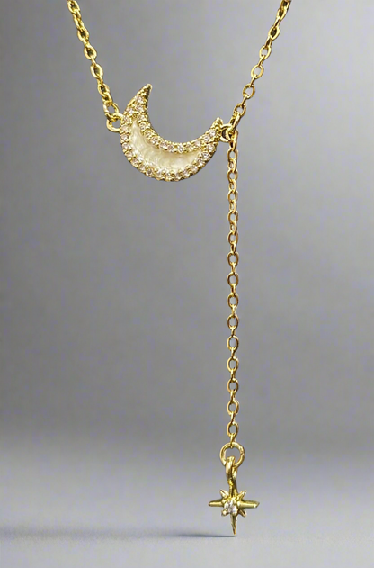 Lustre of Love gold crescent moon necklace with small crystal stars and dangling star charm