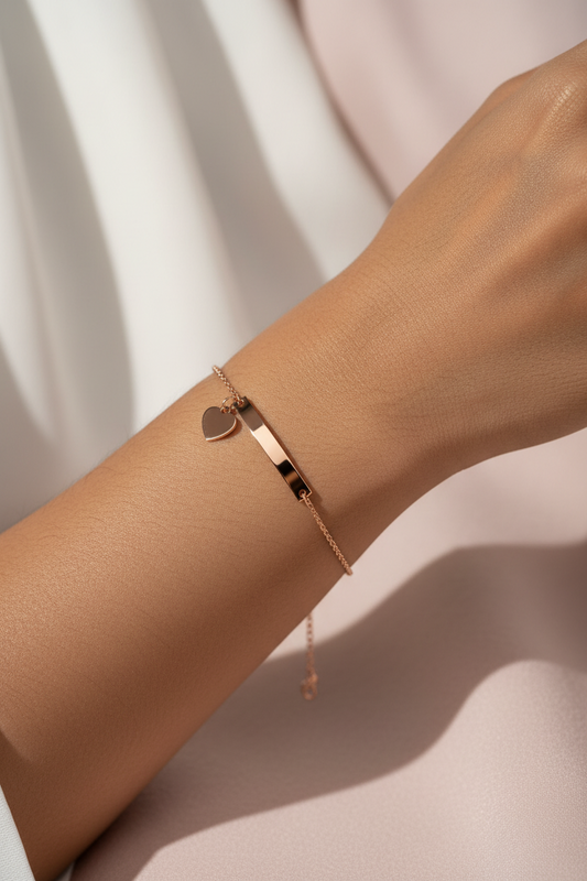 Rose Gold Engraved Bar Bracelet with Heart Charm Stainless Steel 316L